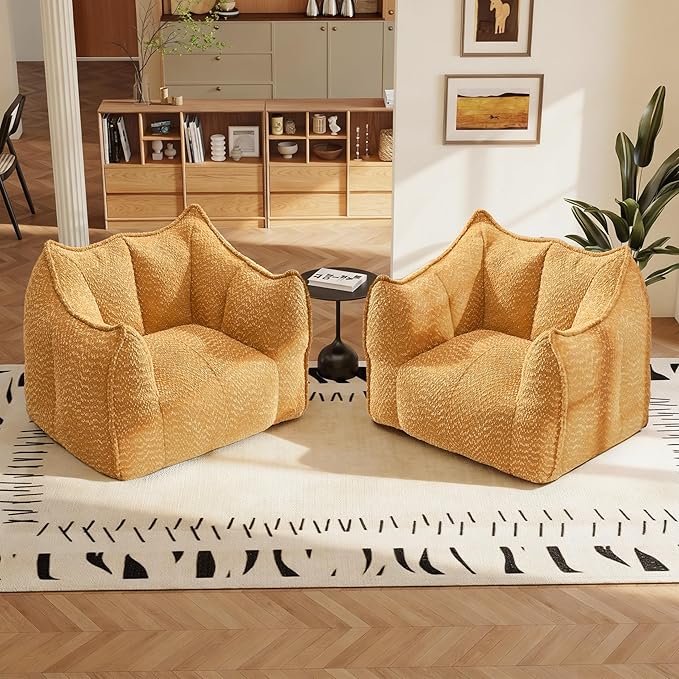 47.2 Inch Oversized 2 Piece Single Sofa Set Comfy Beanbag Chairs with Scratch-Resistant Pet-Friendly Chenille Modern Couch with Arms No Assembly Required Yellow