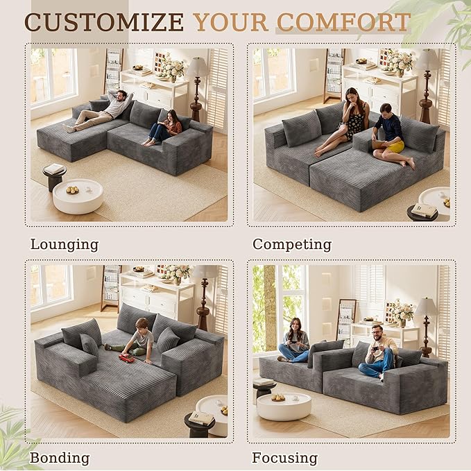 YESHOMY Boneless Couches for Living Room 108 Sectional Modular Sectional Sofa with Deep Seat Cloud Comfy Couch with L-Shape Chaise Easy Assembly (Corduroy Gray)
