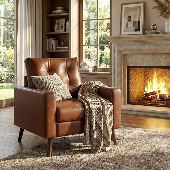Wahson Office Chairs PU Accent Arm Chair with Tufted Back Faux Leather Comfy Upholstered Single Sofa Mid Century Modern Side Club Chair with Wood Legs for Reading/Living Room/Bedroom Caramel