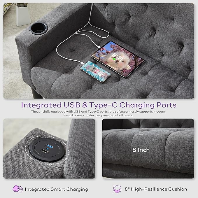 TYBOATLE Mid-Century Modern Tufted Loveseat Sofa Set w/ 2 USB &amp 2 Cupholders 3 Piece Living Room Furniture Sets Small Love Seat Couches for Small Space Apartment Bedroom Office(Dark Grey)