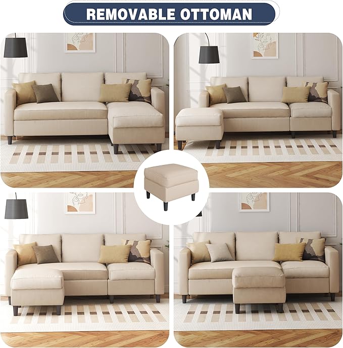 Shintenchi Small Sectional Sofa CouchesL Shape Convertible Sofa with Ottoman3 Seat Comfy Corduroy Upholstered Sofa CouchSmall Couch for ApartmentLiving Room and Office(Beige)