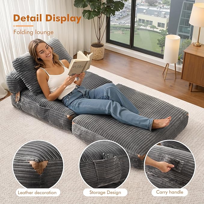 Folding Sofa BedComfy Sleeper Chair Foldable Mattress with Pillow &amp Back SupportPortable Fold Out Chair Bed Floor Convertible Lounge Sofa Couch for Living Room Bedroom (Grey)