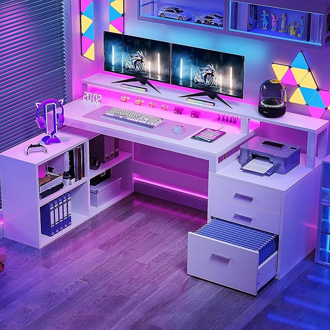 DWVO L Shaped Desk with 3 Drawers 65 Corner Computer Desk with Power Outlets &amp LED Lights L-Shaped Desk with File Cabinet &amp Printer Stand for Home Office White