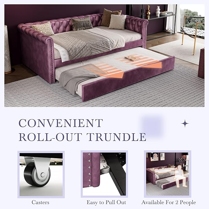 Merax Twin Size Upholstered Daybed with Trundle Modern Velvet Sofa Bed with Tufted Button Design and Curved Armrests for Living Room Bedroom and Guest Room No Box Spring Needed Purple