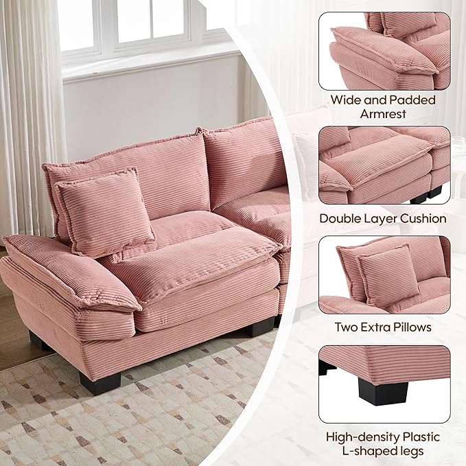 Modern 84 Corduroy Loveseat Sofa Ultra-Comfy Couch with 2 Pillows for Apartment Living Room Bedroom Home Office (Pink)