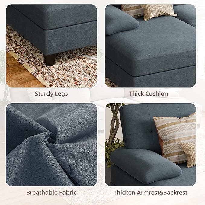 Shintenchi 106'' U-Shaped Sectional Couches for Living Room 4 Seat Modular Sectional Sofa with Double Chaise Couch for ApartmentBlack/Blue