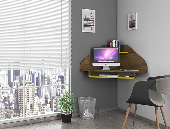 Manhattan Comfort Bradley Corner Floating Desk with Shelves &amp Gliding Keyboard Drawers Wall Mounted Table for Small Spaces Home Office and Bedroom Mid Century Modern Design Rustic Brown/Yellow