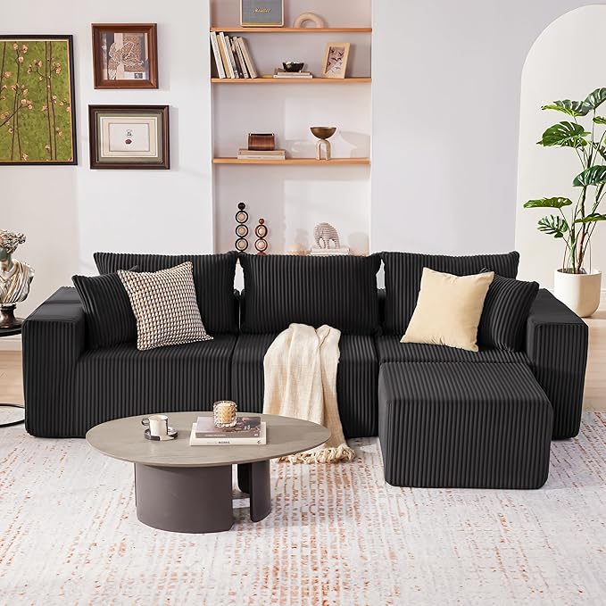 Cloud Couch Sectional Modular Sofa with Deep Seat Plush Corduroy U Shaped Boneless Couch Convertible Sectional Couches for Living Room (Black 3 Seater &amp 1 Ottoman)