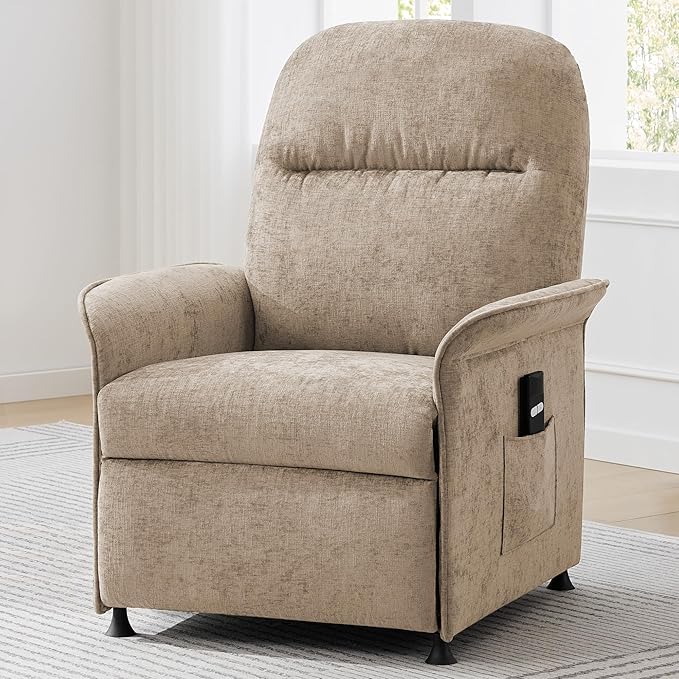 Power Recliner Chair for Adults Modern Reclining Single Sofa with Curved Armrest Comfy Ergonomics Electric Recliner with Side Pockets Adjustable Reading Chair for Living Room Bedroom Chenille Tan