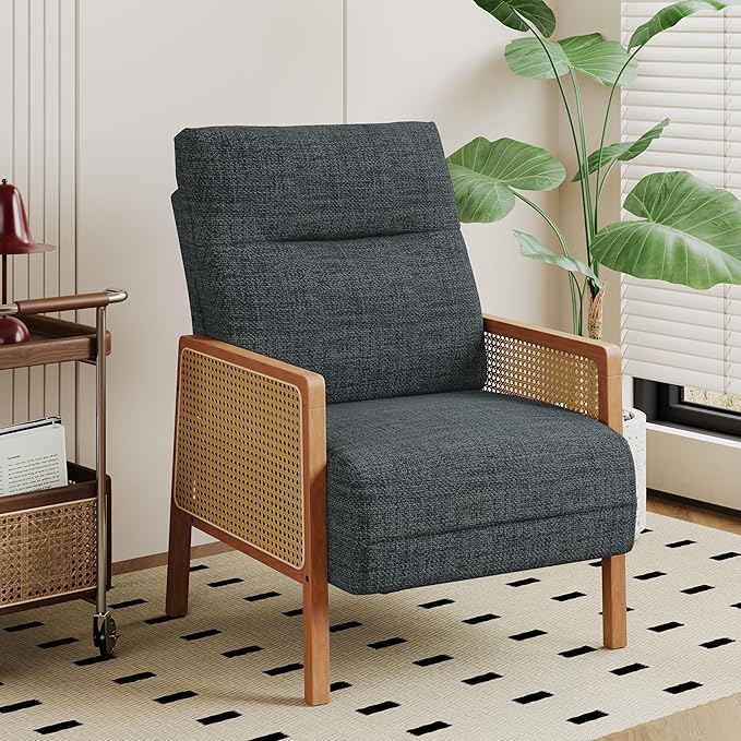 Alunaune Upholstered Natural Rattan Living Room Chairs Accent Chair Armchair Set of 2 Modern Slipper Club Chair Guest Reception Couch Comfy Single Sofa for Reading Bedroom-Grey