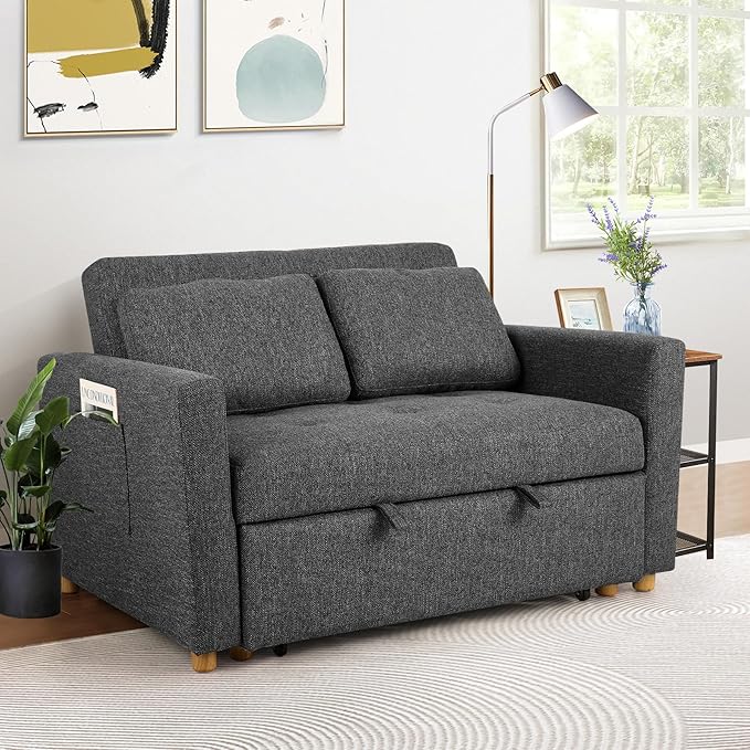 SEJOV Sleeper Sofa 3-in-1 Convertible Pull Out Couch Bed Futon Sofa Linen Fabric Loveseat with 2 Pillows and Adjustable Backrest Chaise Lounge for Small Spaces Apartment Dorm Office Black