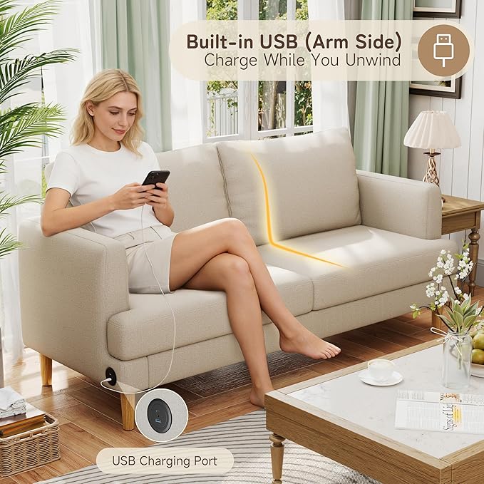 70 Modern Loveseat Sofa with USB Type-C Ports Linen Fabric 2-Seater Deep Seat Couch Cozy Small Couch Sofa for Living Room Bedroom Office Apartment (Beige)