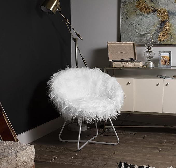 BIRDROCK HOME Papasan Chair with Silver Legs - Oversized Comfy Cushion for Indoor Lounge Bedroom Dorm or Living Room - Cozy Fuzzy Seat - Metal Frame - Large Circle Lounge Chair Patio Chair - White