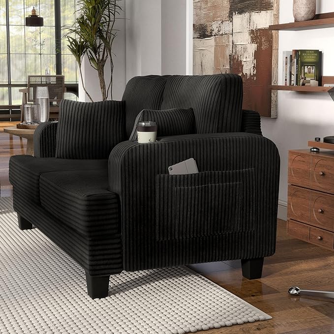 Homes: Inside + Out Reese Modern Plush Chenille Comfortable Loveseat with Side Pockets Cup Holders and Pillows Wooden Soft Couch for Living Room Bedroom and Office Black