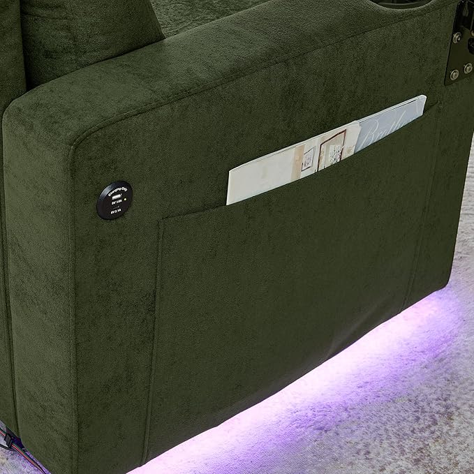 KEIKI 85 L-Shaped Chenille Sectional Sofa with Pull-Out Bed Storage Chaise Lounge Retractable Table USB Cup Holders Convertible 3-Seater Sleeper Couch Bed Easy Assembly for Living Room Green