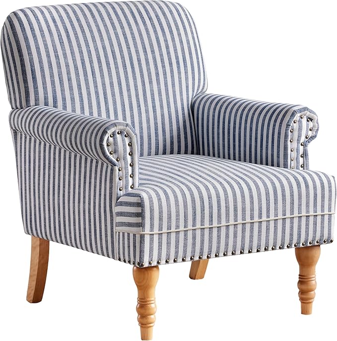 HUIMO Linen Fabric Accent Chair Mid-Century Modern Armchair with Solid Wood Legs Single Sofa ChairUpholstered Reading Club Chair (1 Dark Blue and White Stripe)