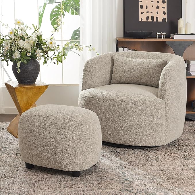 KINWELL Round Boucle Upholstered Ottoman Chair Footstool with Soft Padded Seat Fully Assembled Modern Sofa Couch Footrest Extra Seating for Bedroom Entryway Taupe(18.5 D x 23 W x 16.5 H)