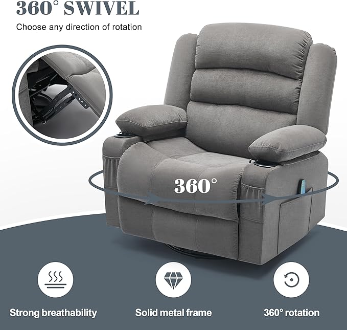 Oversized Recliner Chair with Heat and Massage 360° Swivel Chairs for Adults Nursery Rocking Recliner Single Sofa Seat with Cup Holders Lazy Boy Recliner Single Sofa (Oversized Manual Grey)