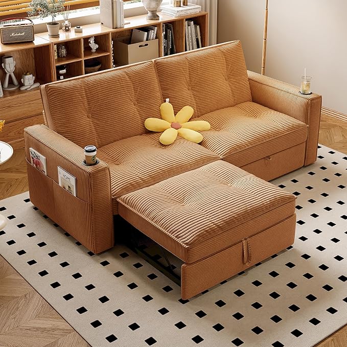 73.2 Convertible Sleeper Sofa Bed 3-in-1 Queen Size Pull Out Couch with Adjustable Backrest Side Pocket &amp Cup Holders Corduroy Fabric Small Modular Couch for Living Room (Orange)