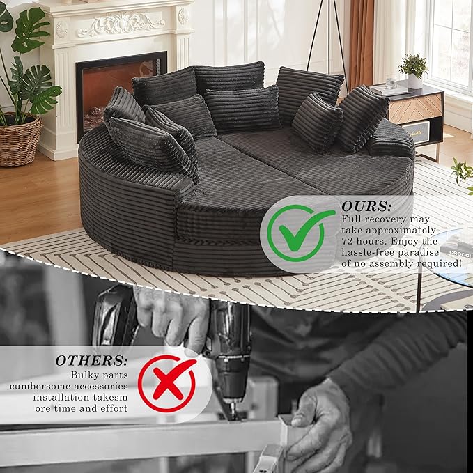78.5 Corduroy Boneless Round Oversized Sofa Converts into Two Recliners 2-in-1 Sofa Bed Convertible Lounge Chair Neck Pillow Design with Five Throw Pillows (Black Full Circular Sofa)