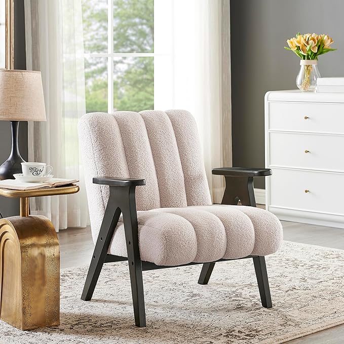 Roundhill Furniture Rella Modern Teddy Sherpa Accent Chair with Espresso Wood Frame Beige