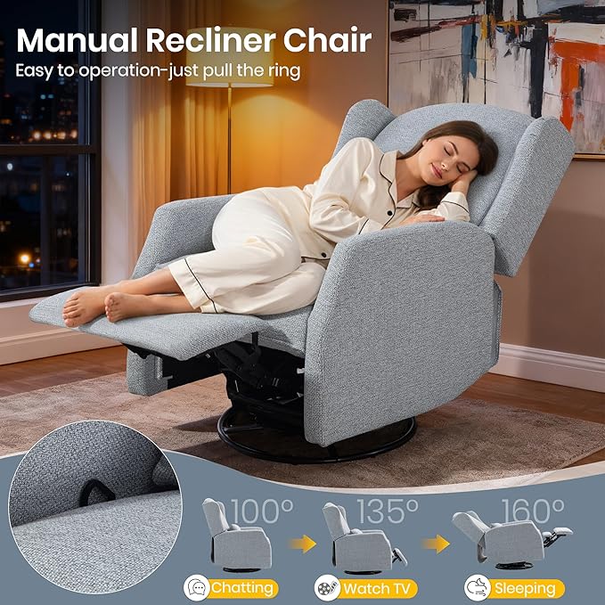 Swivel Rocker Recliner Chair with Adjustable Footrest Swivel Rocking Recliner with Deep Seat Lumbar Pillow Nursery Glider Recliner 360° Recliner Chair for Living Room&ampBedroom&ampOffice (Gray)