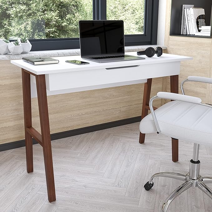 BizChair Computer Desk - White Home Office Desk with Storage Drawer - 42 Long Writing Desk for Bedroom