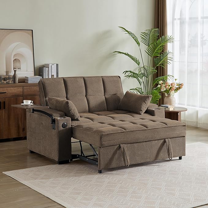 Eafurn Convertible Sleeper Sofa Bed with 360° Swivel Table &amp USB Ports Tufted Chenille Loveseat Pull-Out Couch with Storage Armrest &amp Cup Holders 6-Level Adjustable Backrest