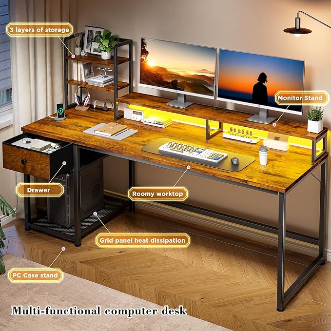 EnHomee 55 Inch Computer Desk with Hutch and DrawersReversible Home Office Desk with Monitor ShelfGaming Desks with USB Power OutletsWriting Gaming Table for Office with LED LightsRustic Brown