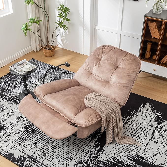 JOSHEN 41 Modern Velvet Reclining Lazy ChairLarge Reading ChairSwivel Gliding Rocking Chair with Mobile Phone Holder for Living RoomBedroomLight Brown