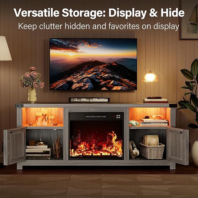 YESHOMY LED Fireplace TV Stand with Mood Lighting TV Cabinet with Open Shelf Farmhouse Media Console with Hidden Cable Routing Entertainment Center for Televisions up to 65+ Inch Gray Wash