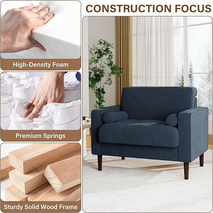 Lumibee Corduroy Accent Chairs Set of 2 Modern Upholstered ArmChairs with Large Seat for Living Room Comfy Single Reading Sofa Chairs for Bedroom-Navy Blue