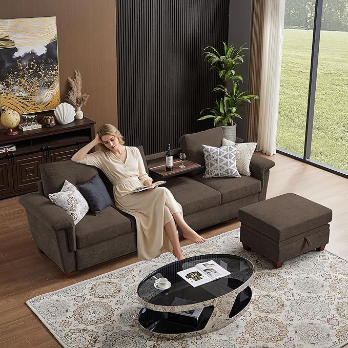 108 Sectional Sofa Convertible L Shaped Sofa with Ottoman and Large Storage 4 Seat Sectional Couch with Cup Holder Couches for Living Room Apartment Office (Brown)