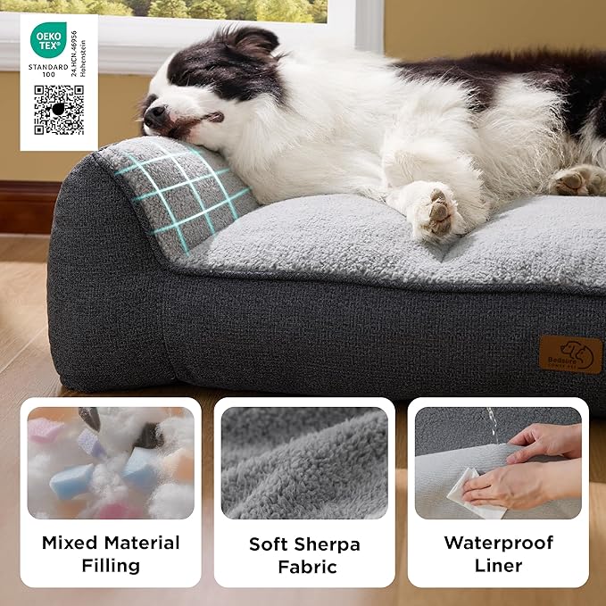 Bedsure SupportMax™ Orthopedic Dog Bed Medium Size Dog - As Seen on TV Extra Thick Supportive Medium Dogs Beds with Waterproof Washable Cover Comfort Pet Bed Sofa with Soft Sherpa Grey 35
