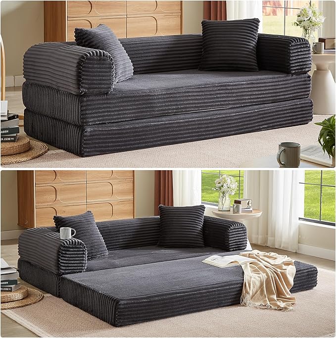 Folding Convertible Sleeper Sofa Bed Corduroy Upholstered Boneless Couch with Pillows Modular Floor Sofa Compression Couch for Living Room No Assembly Required (Dark Gray)