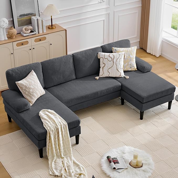 101 Sectional Couches for Living Room U Shaped Sofa with Double Chaise Lounge Modern Chenille Fabric 4-Seat Couch for Apartment/Small Space Grey