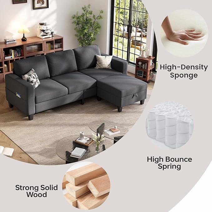 Sectional Sofa and Couches for Living Room 78'' Dark Grey 3 Seat L-Shaped Couch with Movable Ottoman Comfy Linen Convertible Sectionals Sofas with Chaise for Apartment Dorm Small Space