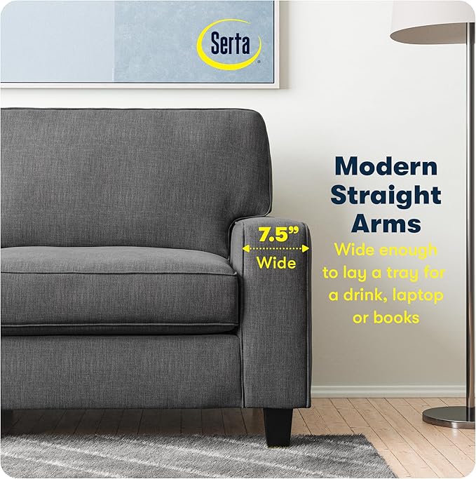 Serta Palisades 78 Track Arm Sofa Easy Care Polyester Soft Pillow Back Pocket Coil Seat Cushions Removable Covers Loveseat or Couch for Small Spaces Living Rooms or Bedrooms Gray