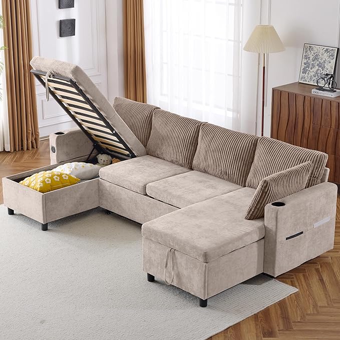 Merax Pull-Out Sofa Bed Sleeper Pull Out Sectional Couch with Storage USB Cup Holder for Apartment Living Room Brown