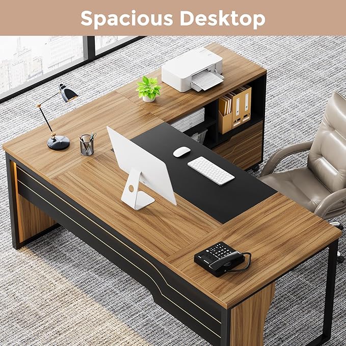 L Shaped Executive Computer Desk with Mobile File Cabinet and LED Light 63 inch Large Office Table Business Furniture with Storage and Drawers for Home Office Dark Walnut