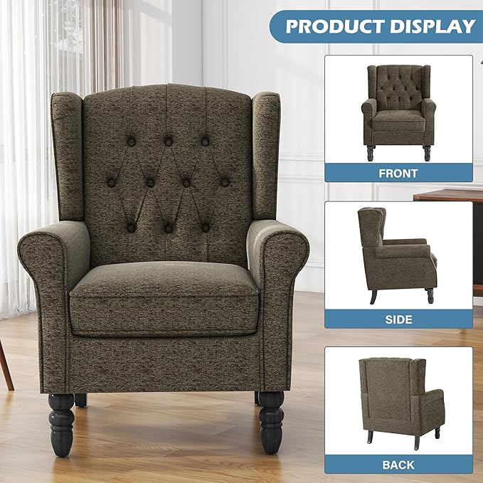 UIXE High Back Accent Chair Fabric Upholstered Armchair Retro Wingback Arm Chair for Living Room Comfy Single Sofa Bedroom Reading Seat with Solid Wood Legs - Tan Taupe