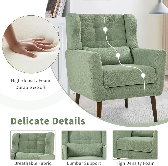 Modern Accent Chair Upholstered Arm Chair with Waist Pillow Single Sofa Chair for Living Room Bedroom Small Spaces (Light Green)