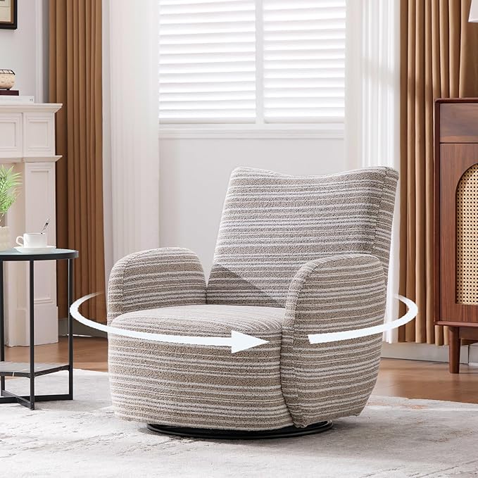 Modern Boucle Upholstered Accent Swivel Barrel ChairLeisure Club Lounge Chair with Sand-Rimmed Fabric and Metal Bracket for Living Room Bedroom Home Office (Khaki Boucle)