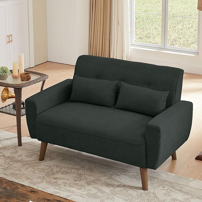 48.8 Small Loveseat Sofa Couch Mid Century Modern Linen Love Seat Couch 2 Seat Tufted Couches with Throw Pillows for Living Room Apartment Bedroom and Small Spaces Black