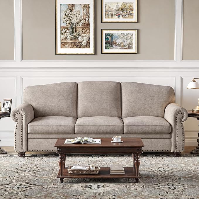 ONBRILL 90 Inch Rolled Arm Sofa for Living Room Deep Seat Nailhead Trim Couch Comfy 3 Seater Chenille Couch w/Wooden Leg Springs Seat Cushion Large Traditional Sofa for Farmhouse Beige