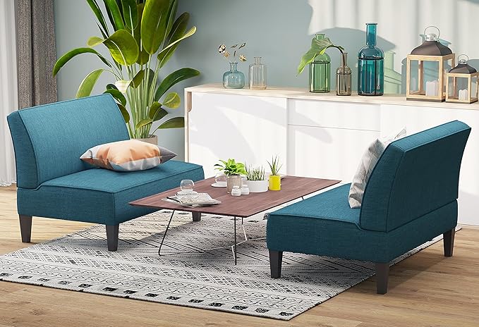 Yongqiang Small Loveseat Mini Sofa Couch Accent Upholstered Bench with Back Living Room Bedroom Office Armless Love Seat Settee Blue