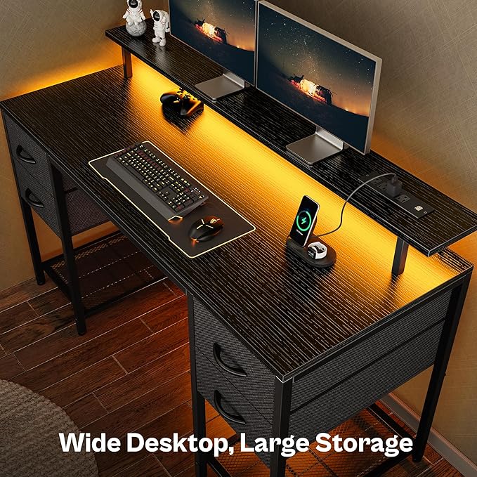 Huuger 55 inch Computer Desk with 4 Drawers Gaming Desk with LED Lights &amp Power Outlets Home Office Desk with Large Storage Space for Bedroom Work from Home Black