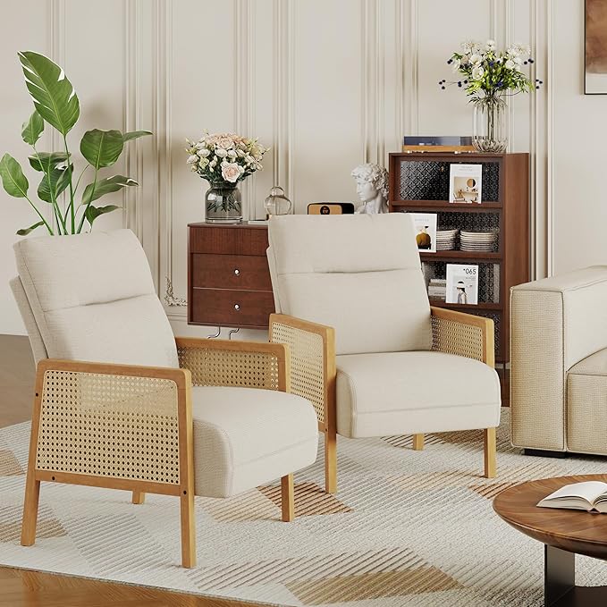 Andeworld Ivory Accent Chairs Set of 2Upholstered Modern Living Room Chairs with Natural Rattan ArmSide Chair for Bedroom Club Balcony Reception Room