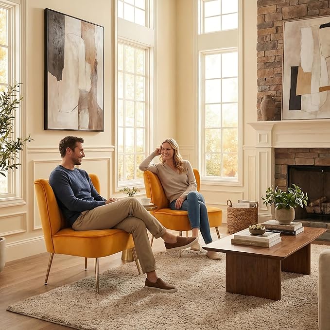 DUOMAY Modern Accent Chair Set of 2 Velvet Slipper Chair with Gold Legs Wingback Side Chair for Living Room Bedroom Entryway Small Corner Chair for Space Saving Yellow