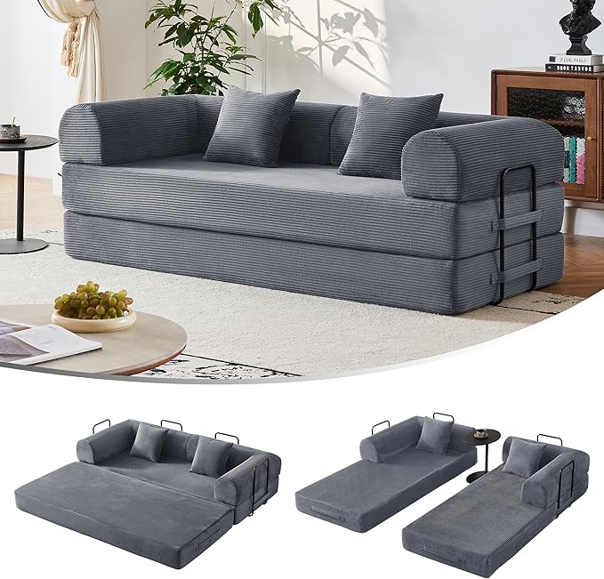 79'' Convertible Sofa Bed 5-in-1 Folding Corduroy Sleeper Couch with Pull Out Bed Oversized Modular Floor Sofa No Assembly Space-Saving Guest Bed for Apartment Living Room Bedroom (Dark Gray) | Co